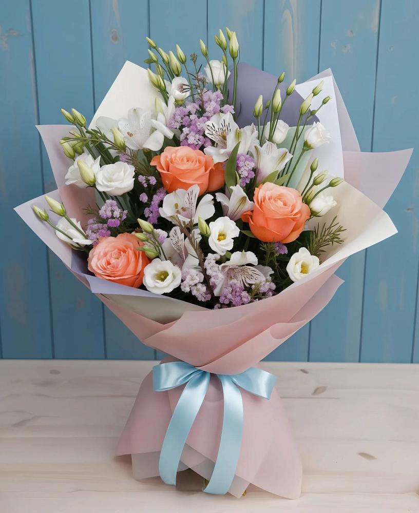 Букет цветов из: Лизиантусы, Розы, Альстромерии и Гипсофила в Нудоль