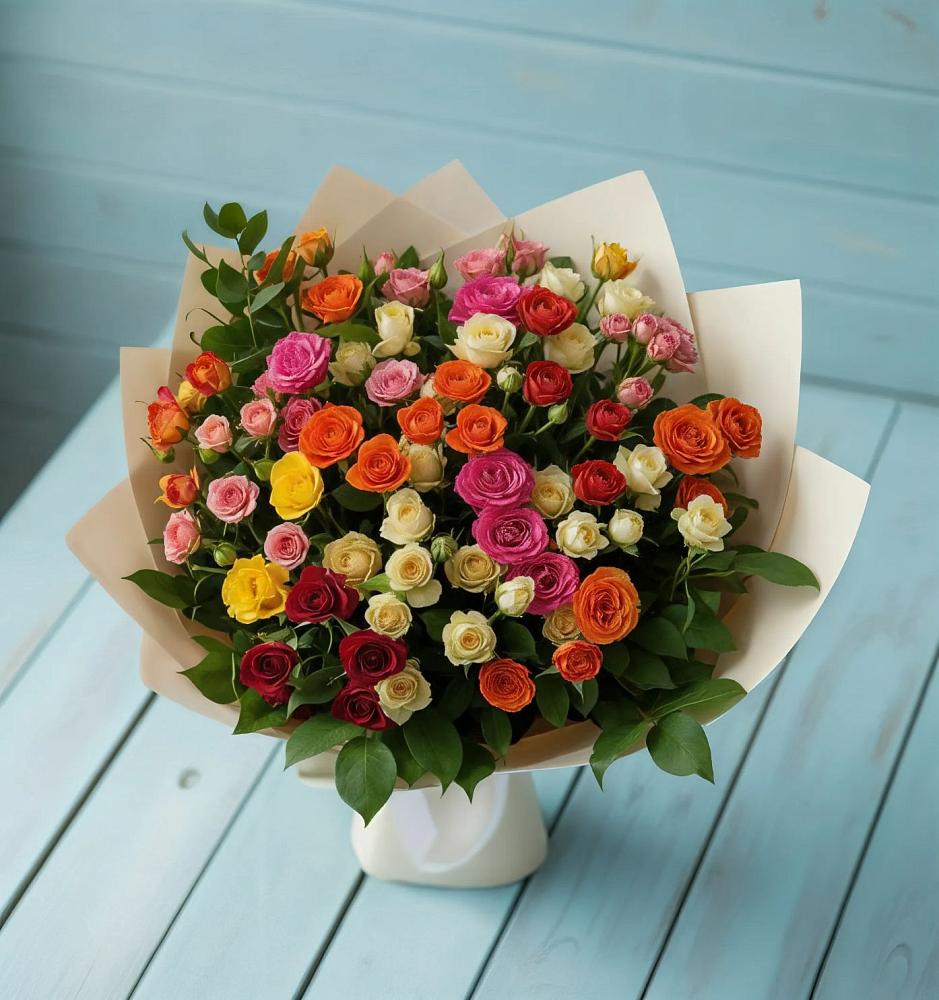 Букет Микс из разноцветных кустовых роз в Нудоль