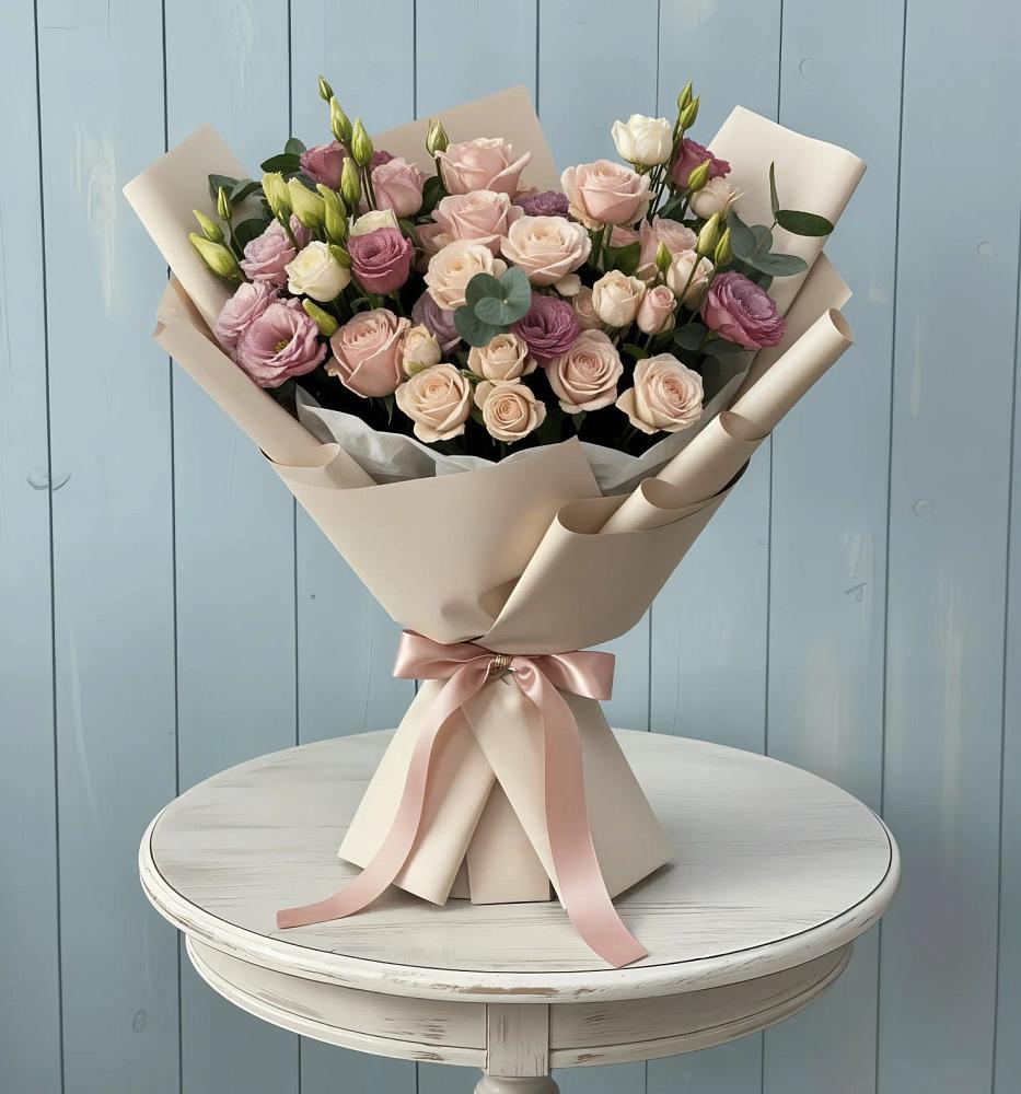 Букет цветов из: Розы и Лизиантусы в Нудоль