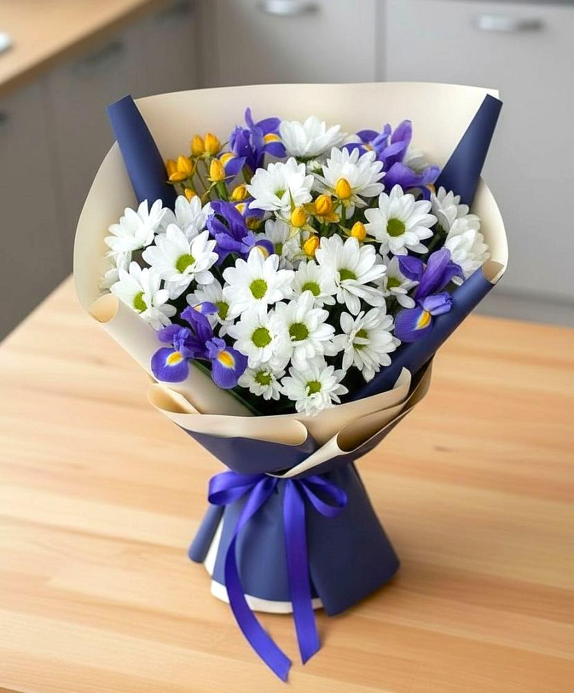 Букет цветов из: Розы, Ирисы и Хризантемы в Нудоль