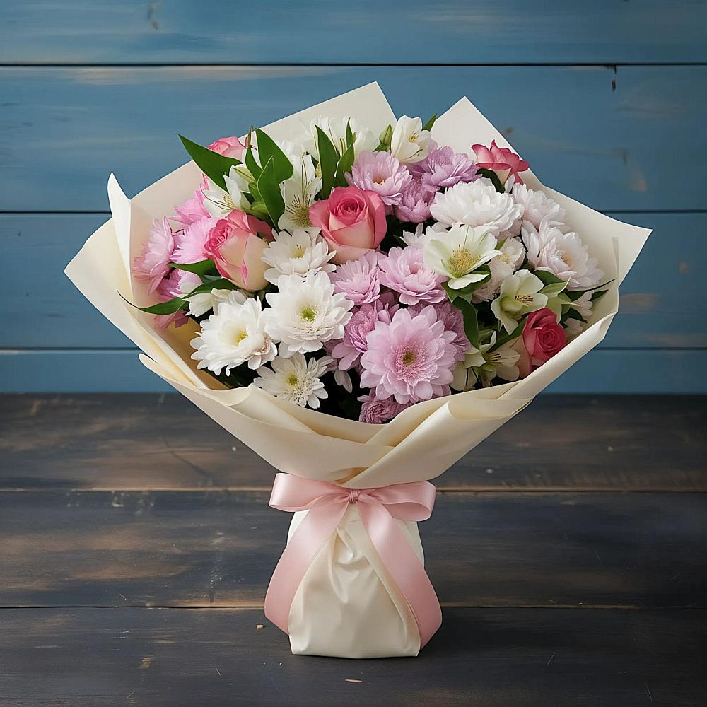 Букет цветов из: Хризантемы, Альстромерии и Розы в Нудоль